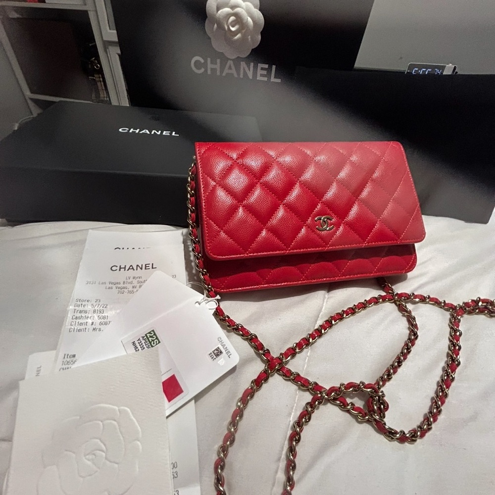 Chanel Red Quilted Wallet On Chain Crossbody Bag.